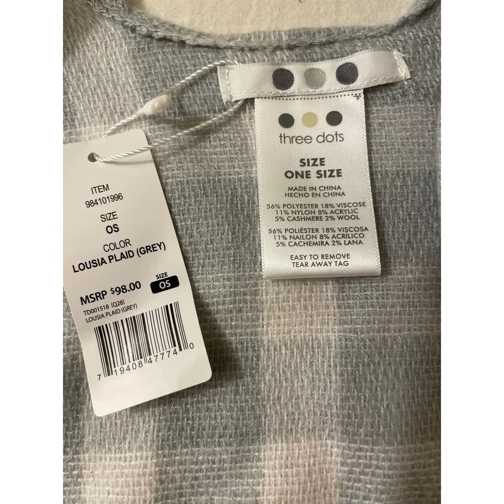 Three Dots Women's Shawl Wrap One Size Louisa Plaid Grey Casual Soft NWT‎